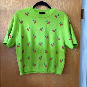 Lazy Oaf Vibrant Green cherry print short sleeve Knit Sweater 16